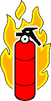 Animation roter Handfeuerlöscher vor lodernder Flamme