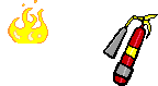 Animation roter Feuerlöscher löscht Feuer das wieder aufflackert