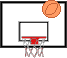Basketball vor Basketballkorb mit eckigem Basketballbrett