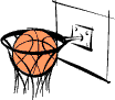 Basketball im Basketballkorb mit eckigem Basketballbrett
