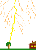 gelber orange verästelter Blitz schlägt orange in Baum ein