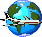 Erdkugel grüne Landmasse blaue Wasserfläche mit Nord-und Südamerika, Europe und Afrika, davor fliegt ein Flugzeug