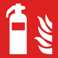 rotes Brandschutzzeichen mit Feuerlöscher und Flammen