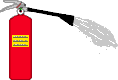 roter stehender Feuerlöscher sprüht Pulver