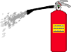 roter stehender Feuerlöscher sprüht Pulver