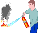 Mann löscht Feuer mit rotgelbem Feuerlöscher mit Wasser